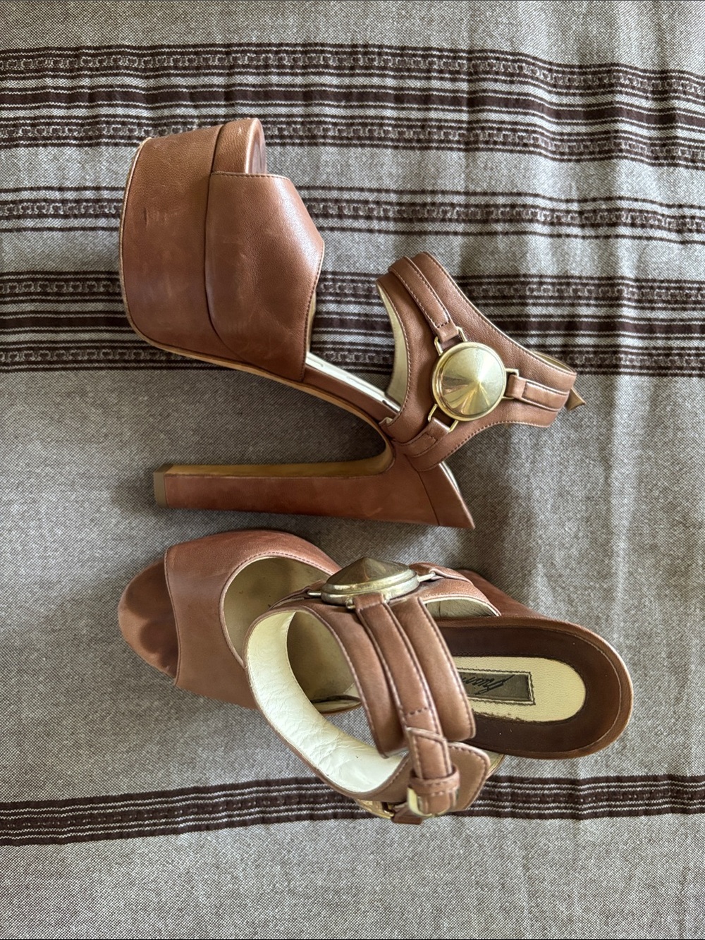 Brian Atwood Brown Platform Heel Sandals with Gold Medallion